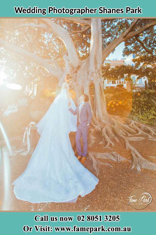 Photo of the Bride and the Groom looking each other besides the tree Shanes Park NSW 2747